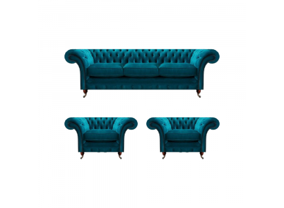 Chesterfield Blue Couches Upholstered Sofas Living Room Textile Seating Furniture 3-piece Set
