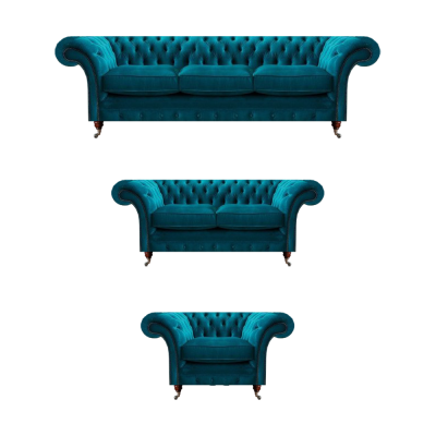 Blue designer Chesterfield living room upholstery textile couches 3-piece set