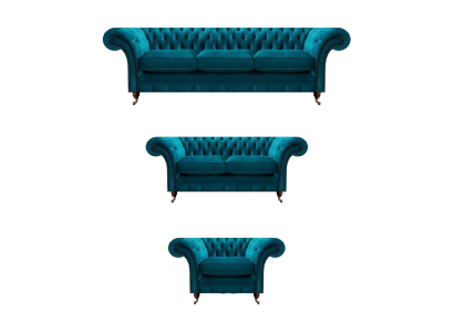 Blue designer Chesterfield living room upholstery textile couches 3-piece set