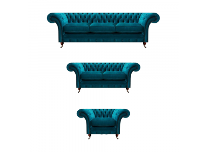 Blue designer Chesterfield living room upholstery textile couches 3-piece set