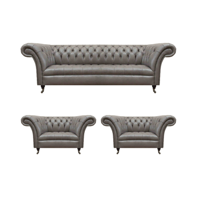 Modern Chesterfield leather sofas three-seater 2x leather armchairs 3-piece set
