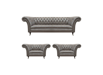 Modern Chesterfield leather sofas three-seater 2x leather armchairs 3-piece set