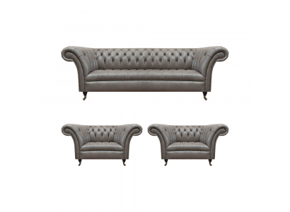 Modern Chesterfield leather sofas three-seater 2x leather armchairs 3-piece set