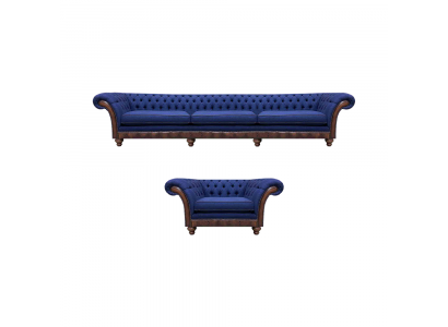 Blue Chesterfield upholstery designer 3-seater sofa fabric armchair 2-piece set