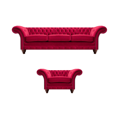 Chesterfield Red Sofa Set Noble Fabric Armchair Upholstered Three-Seater
