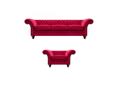 Chesterfield Red Sofa Set Noble Fabric Armchair Upholstered Three-Seater