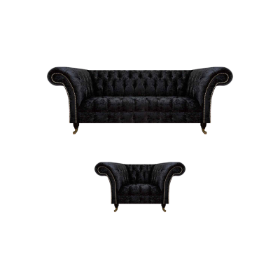Chesterfield Black Upholstered Furniture Designer Living Room Couch Armchair 2-piece Set