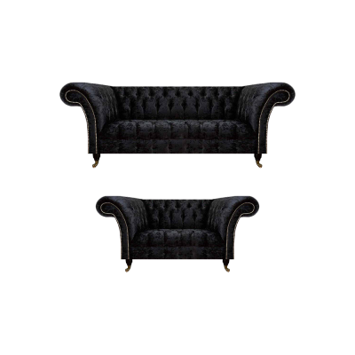Luxurious Chesterfield Black Textile Sofa Set Living Room Furniture
