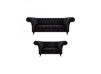 Luxurious Chesterfield Black Textile Sofa Set Living Room Furniture