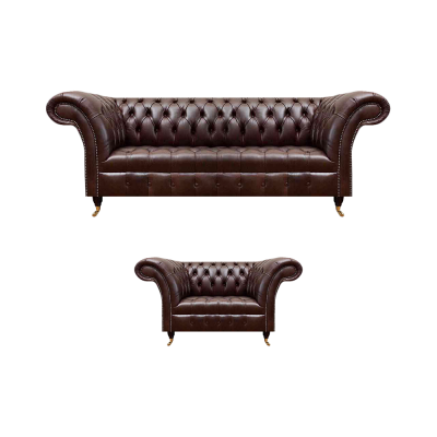 Luxurious Brown Chesterfield Leather Set Designer 3-Seater Armchair 2-piece