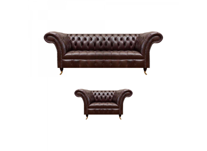 Luxurious Brown Chesterfield Leather Set Designer 3-Seater Armchair 2-piece