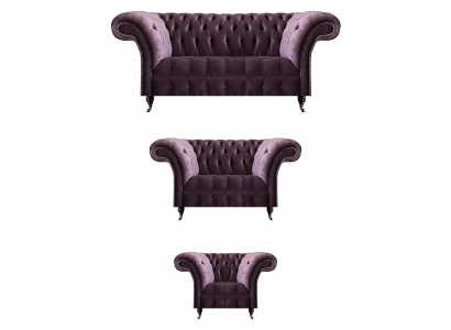 Stylish Chesterfield Purple Sofa Set Seating Set 3-Seater 2-Seater Armchair