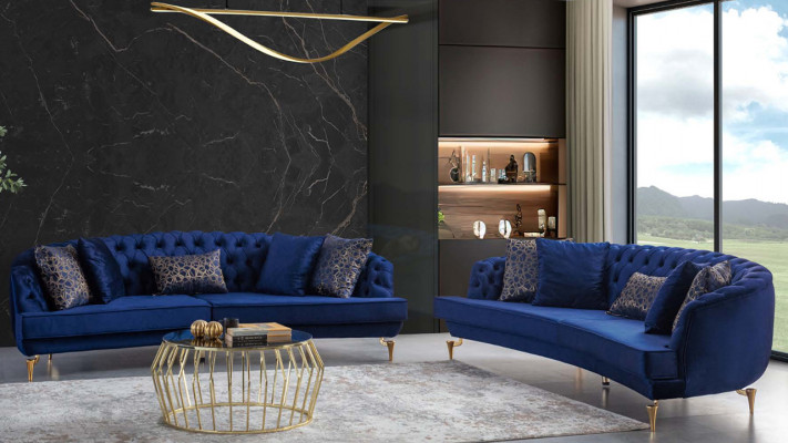 Blue Living Room Chesterfield Sofa Set Luxury Upholstered Sofas 4x Seater