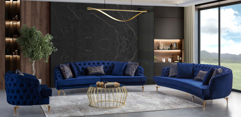 Blue Living Room Chesterfield Sofa Set Luxury Upholstered Sofas 4x Seater