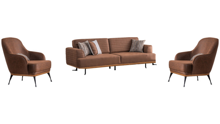 Modern three-seater sofa and armchair brown upholstered furniture set for the living room