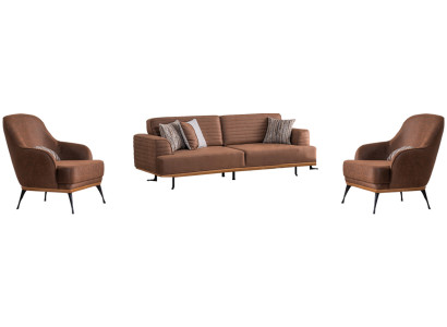 Modern three-seater sofa and armchair brown upholstered furniture set for the living room