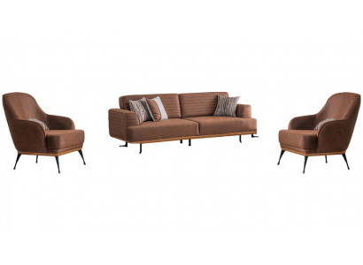 Modern three-seater sofa and armchair brown upholstered furniture set for the living room