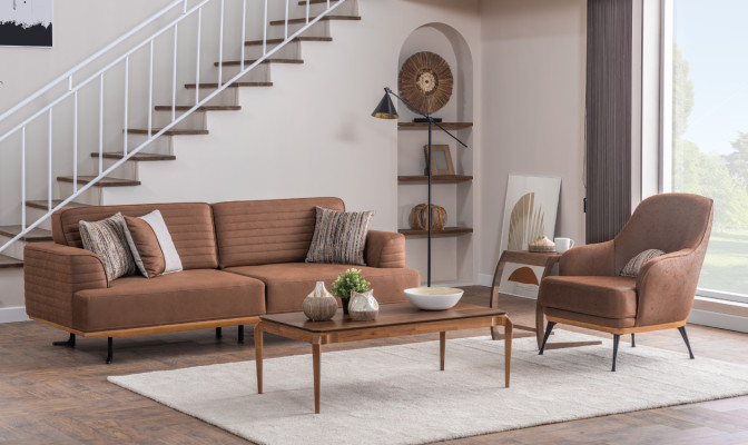 Modern three-seater sofa and armchair brown upholstered furniture set for the living room