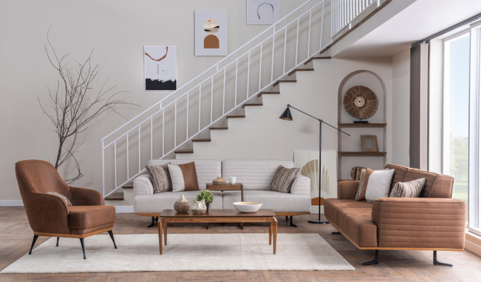 Designer sofa set, two three-seater sofas & armchair for living room