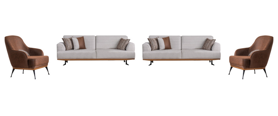 Luxurious gray-brown living room set with two three-seater sofas and two armchairs