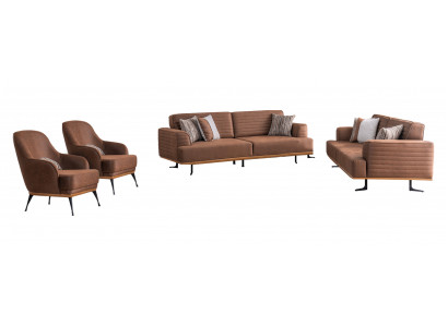 High-quality brown 4-piece upholstered furniture set consisting of three-seater sofas and an armchair.