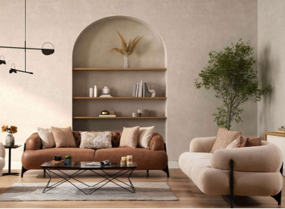 Brown-White Living Room Sofa Set Exclusive Three-Seater Sofas Armchair