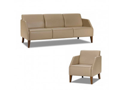 Beige living room leather set designer 3-seater exclusive armchair 2-piece set.