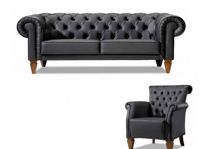 Black Chesterfield Seating Set Leather Sofa Modern Single Seater 2-Piece Set