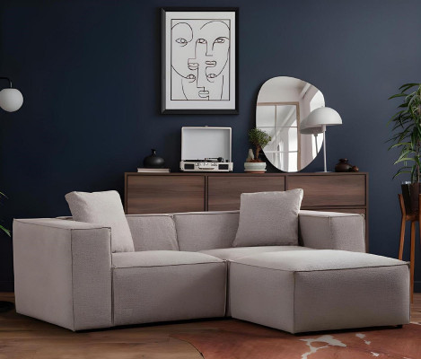 Living room set 2-piece 3-seater with ottoman modern design grey single color