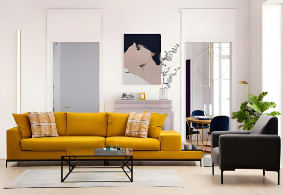 Living Room Set 3-piece Yellow 3-Seater Black 2-Seater Armchair Fabric Modern