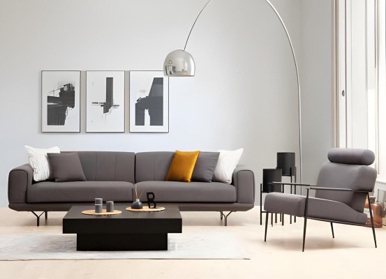 Living room set 3-piece 4-seater 3-seater armchair with cushions gray solid color