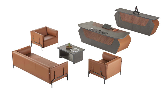 Brown-Grey Study Room Furniture 3-Seater Armchair Office Desk Sideboard 6-piece Set