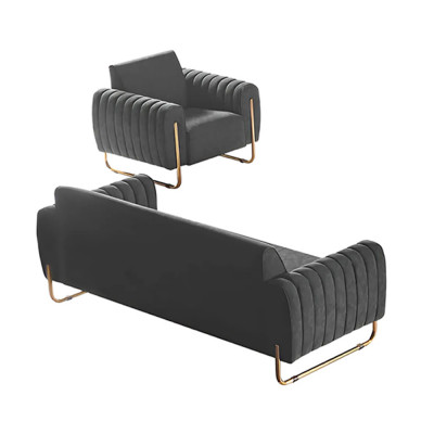 Fabric sofas 2-piece study set 3-seater with armchair gray solid color