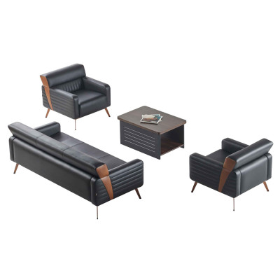Office set 4-piece 3-seater 2x armchair coffee table black plain