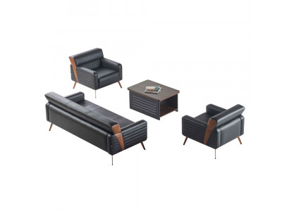 Office set 4-piece 3-seater 2x armchair coffee table black plain