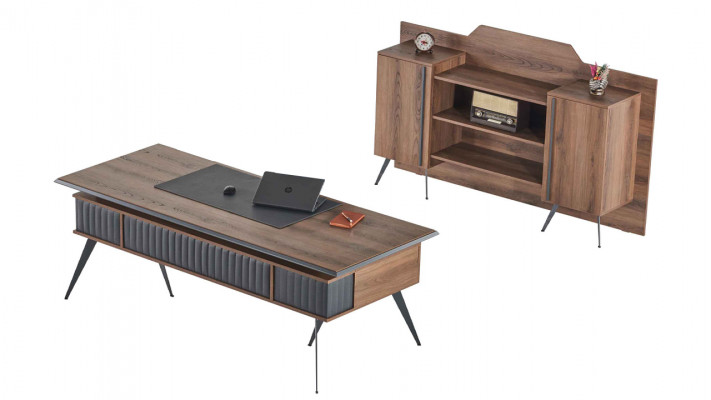 Office room set, 2-piece desk sideboard storage space, brown, single color