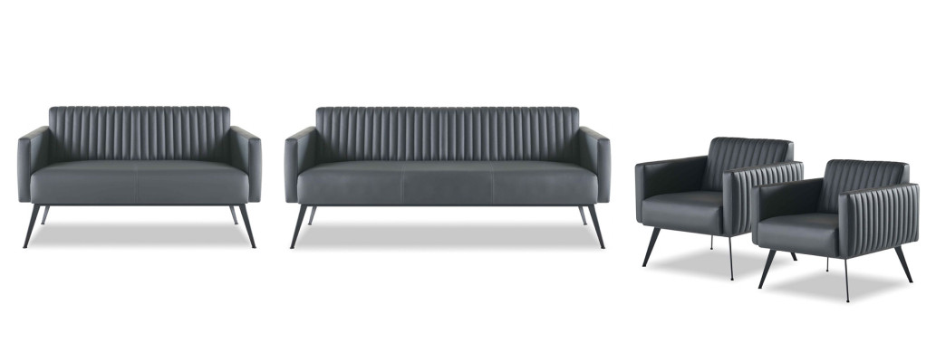 Office set, 4-piece, 3-seater, 2-seater, 2x armchair, black, solid-color