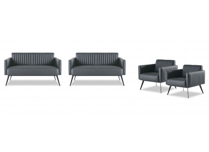 Office room set 4-piece 2x 2-seater 2x armchair black solid color modern