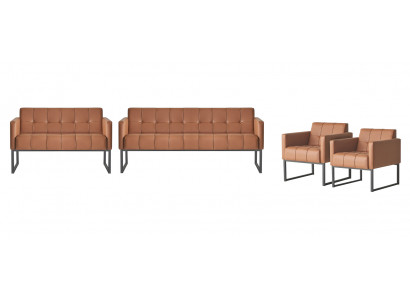 4-piece office set: 2x 3-seater, 2x armchair, brown, solid color, modern style