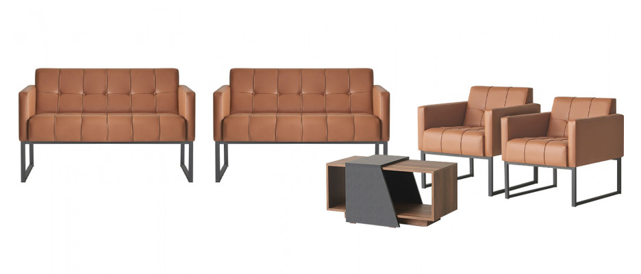 Office room set, 5 pieces, brown, 2x 2-seater, 2x armchairs, coffee table, gray style