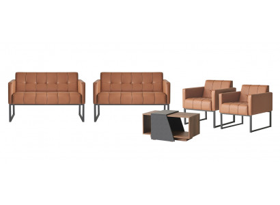 Office room set, 5 pieces, brown, 2x 2-seater, 2x armchairs, coffee table, gray style
