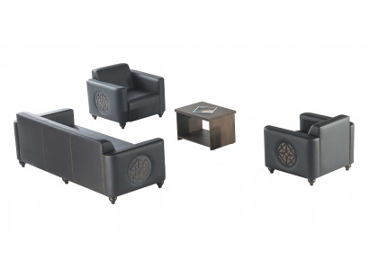 Study Room Set 4-Piece Black 3-Seater 2x Armchair Brown Coffee Table Modern