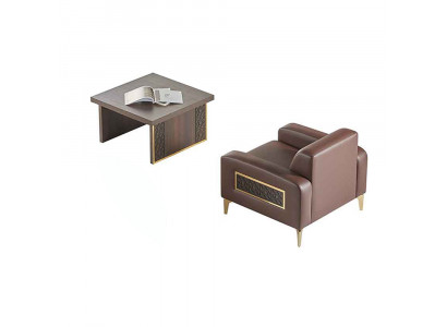 Home office set, 2-piece armchair with coffee table, living room, brown solid color