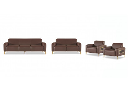 Study set 3-seater, 2-seater, 2x armchairs, brown, solid color, modern