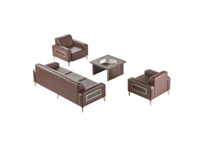 Office room set 4-piece 3-seater 2x armchair coffee table brown living room
