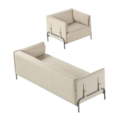 Office set 2-piece 3-seater armchair beige solid color cushion living room