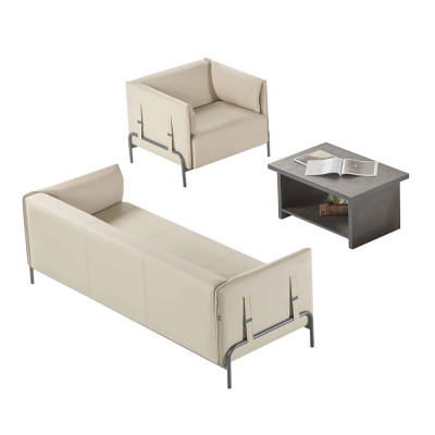 Study Room Set 3-piece Beige 3-Seater Armchair Gray Coffee Table Living Room
