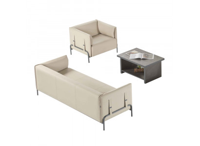 Study Room Set 3-piece Beige 3-Seater Armchair Gray Coffee Table Living Room