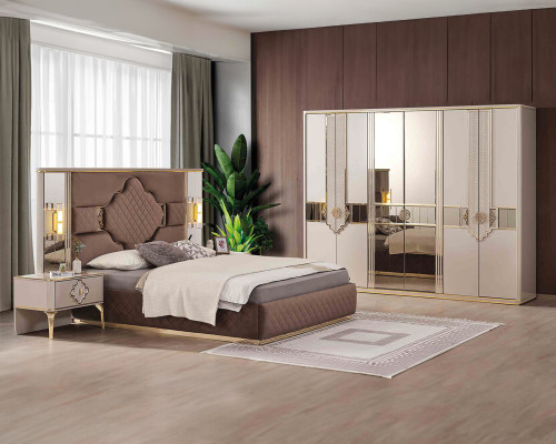 Brown-beige bedroom set wardrobe upholstered bed bedside tables