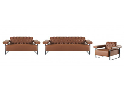 Complete brown leather sofas stainless steel 3-seater 2-seater Chesterfield sofa